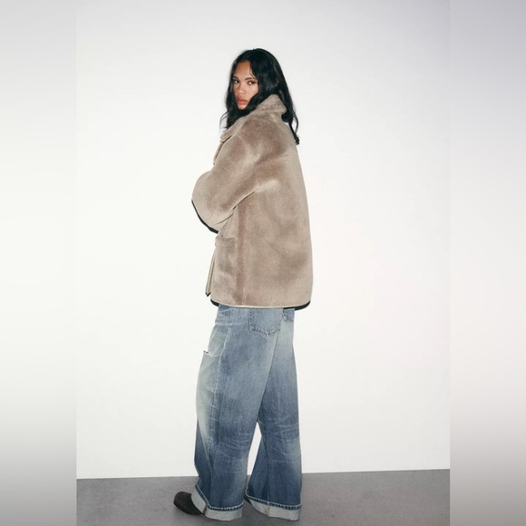 NWT Zara Reversible Double-Faced Coat Women's Taupe Gray Teddy Jacket Size S - Picture 2 of 15